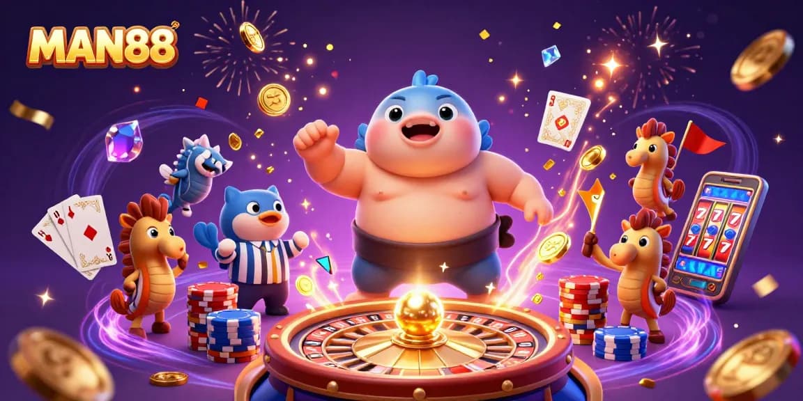 Experience thrilling gambling action with MAN88, featuring a dynamic underwater scene of luck and celebration.