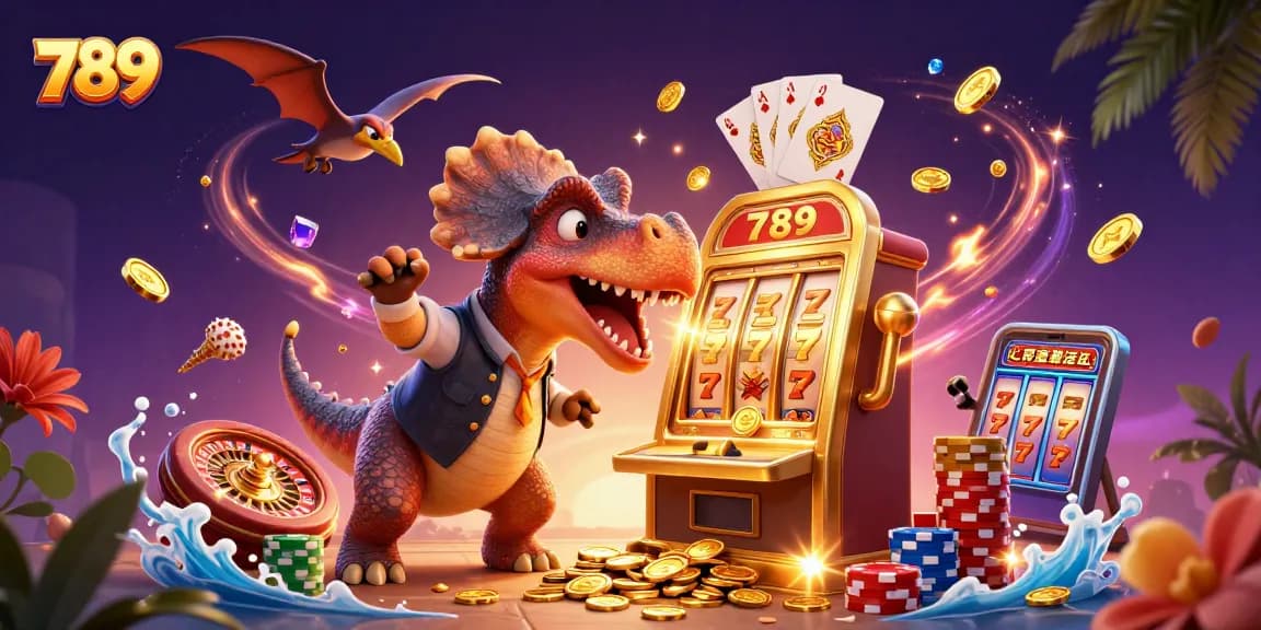 789 casino scene with a dinosaur and a slot machine, capturing the thrill of winning.
