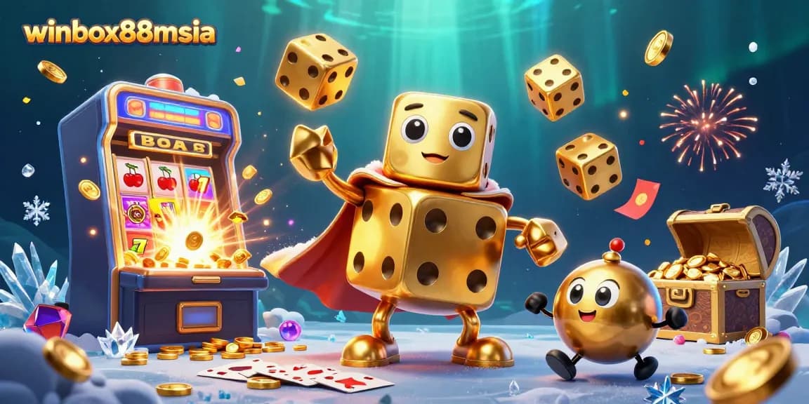 Engage with winbox88msia through vibrant 3D casino adventure showcasing golden dice and dynamic gaming elements.