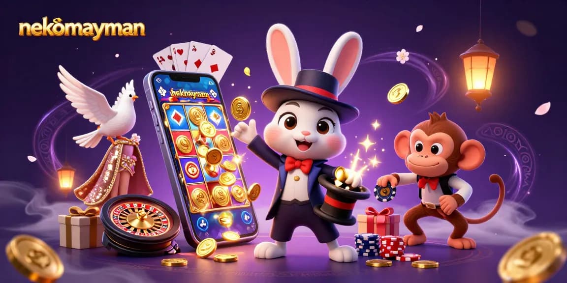 Experience the thrilling essence of nekomayman as a magician rabbit conjures coins amidst dazzling casino elements.