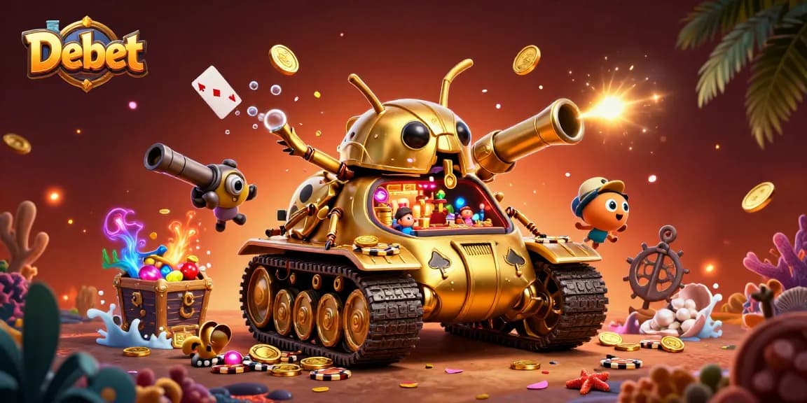 Experience thrilling gameplay with Debet, featuring a vibrant 3D cartoon casino scene bursting with action.