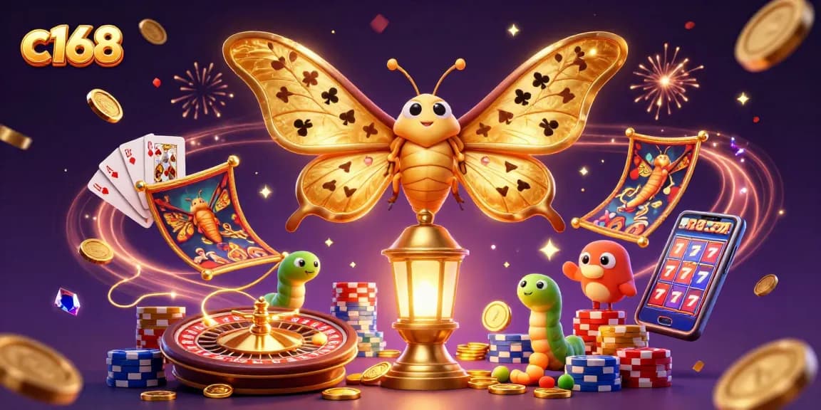 C168 players enjoy immersive casino games with a stunning moth showcasing card suits.