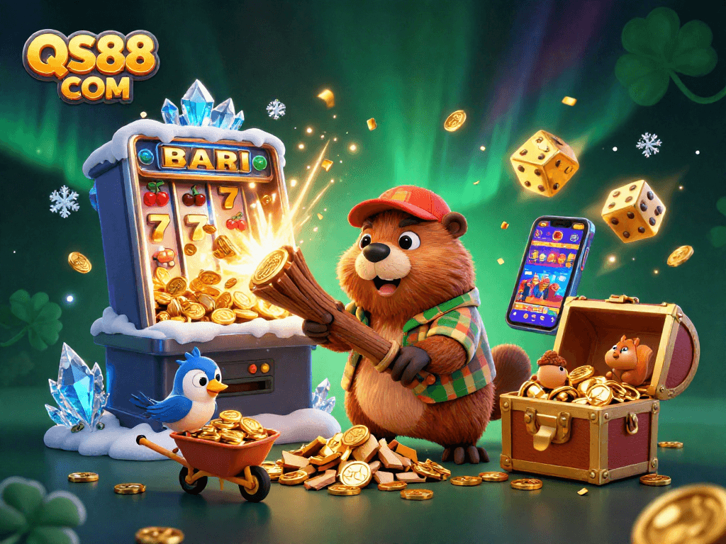 Experience thrilling wins with QS88 COM in a vibrant, animated casino-themed scene.