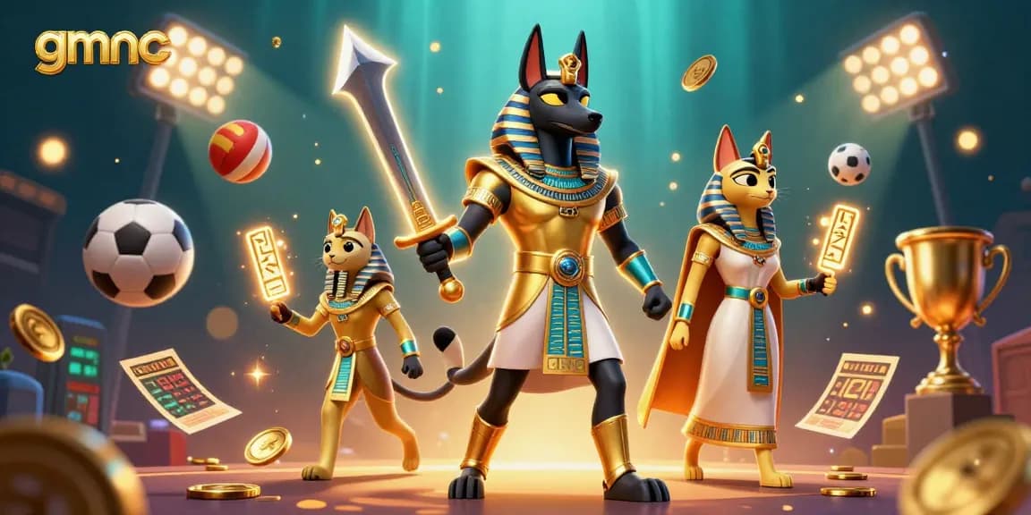 Engage with gmnc's analysis through a dynamic 3D digital illustration of ancient Egyptian and vibrant gambling elements.