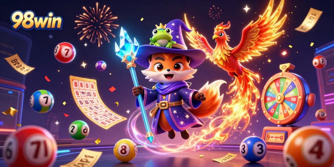 Win big with 98win in a vibrant casino scene filled with magical 3D characters and festive elements.