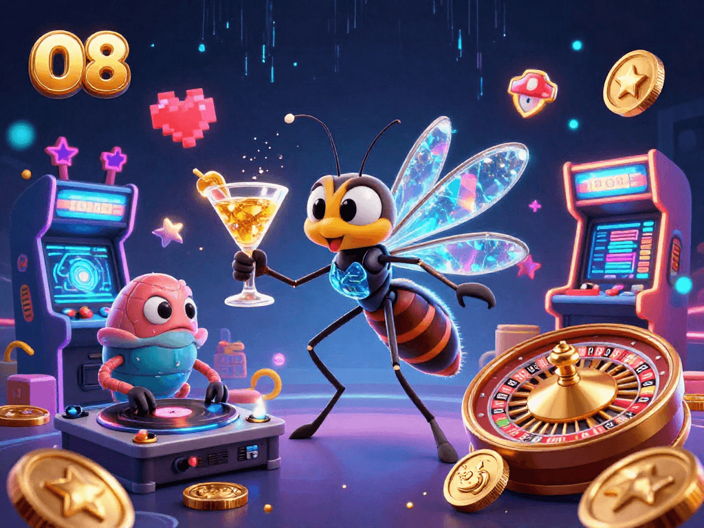 Engage with O8's vibrant casino experience featuring a unique frozen-in-amber mosquito mascot