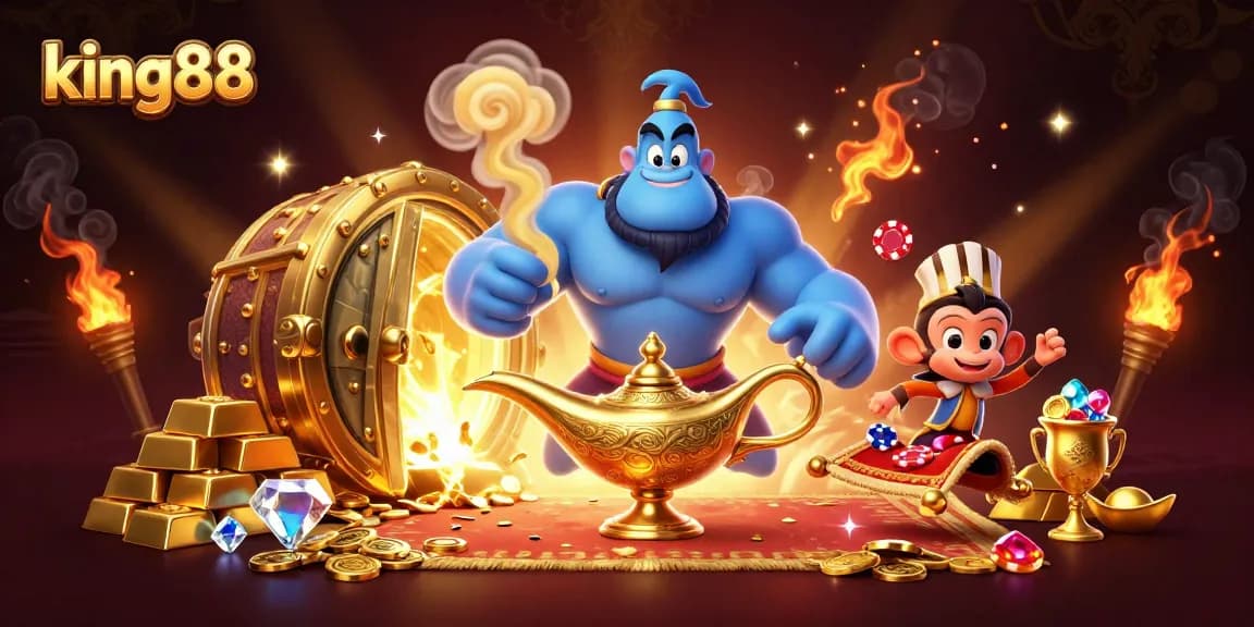 Win big at king88 with a colorful fantasy casino scene featuring a blue genie and treasure elements.