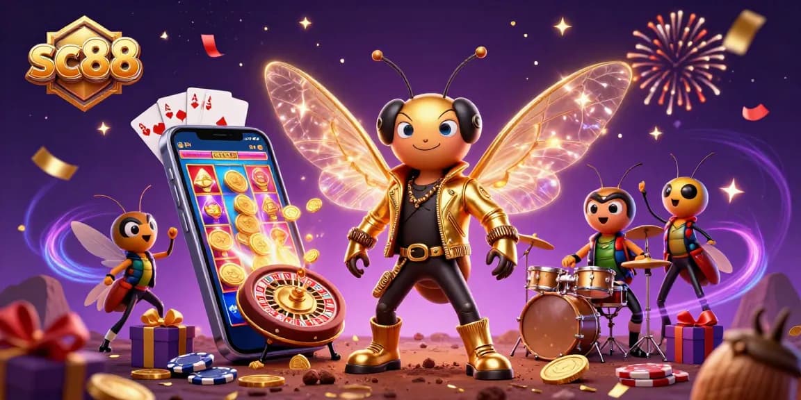 Experience the excitement of sc88 with a vibrant 3D illustration showcasing casino elements and characters.