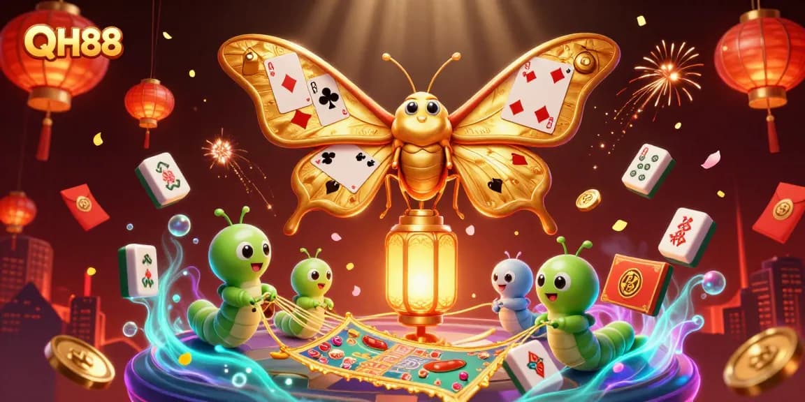 Engage with QH88's dynamic casino scenes featuring a 3D moth and golden treasures.