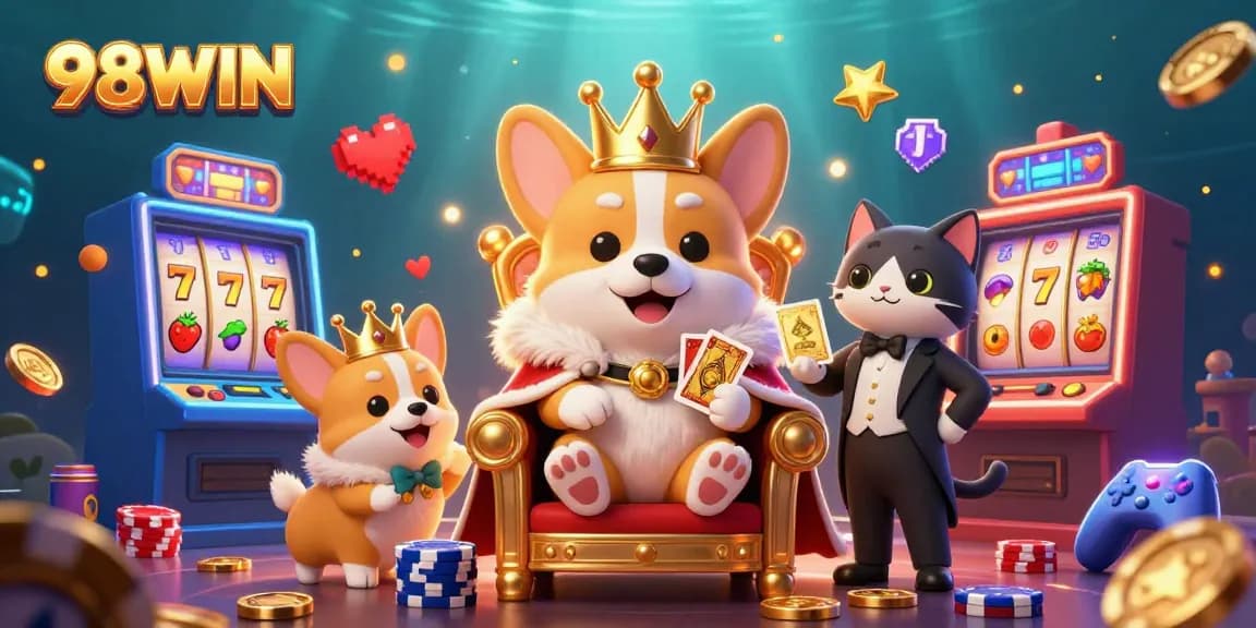 Engage with 98WIN by spinning vibrant slot reels in a dynamic casino illustration.
