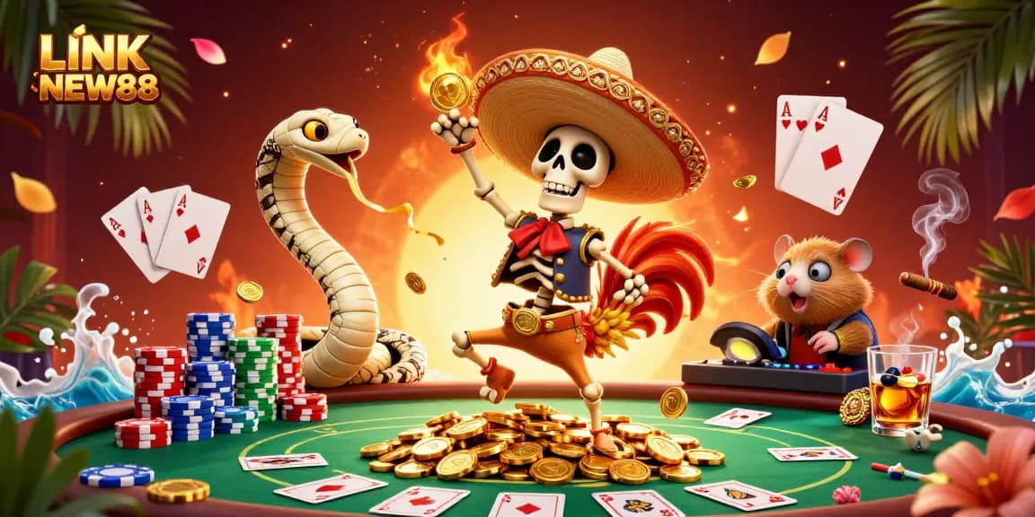 Experience the thrill of LINK NEW88 with a vibrant 3D casino scene filled with poker excitement.