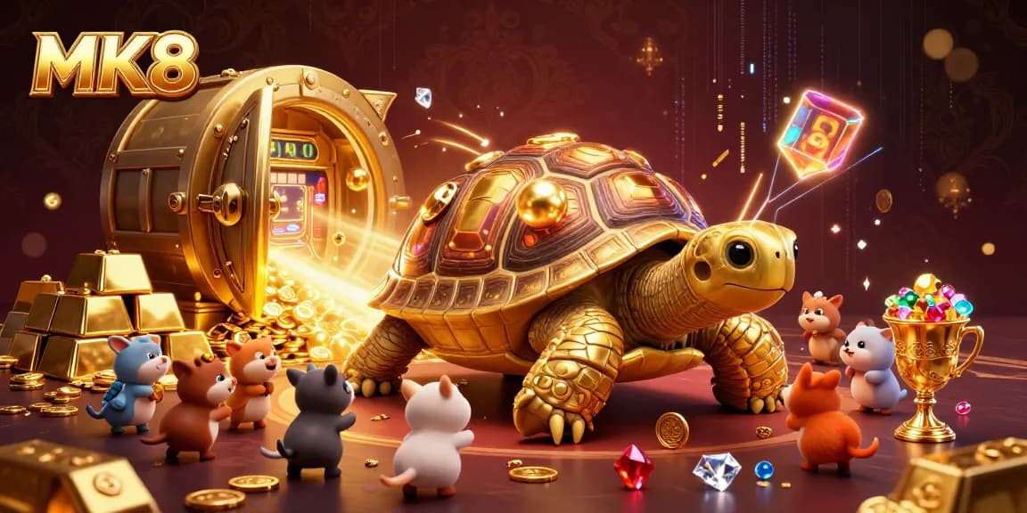 The MK8 casino scene showcases a golden tortoise pinball machine surrounded by other vibrant gambling elements.