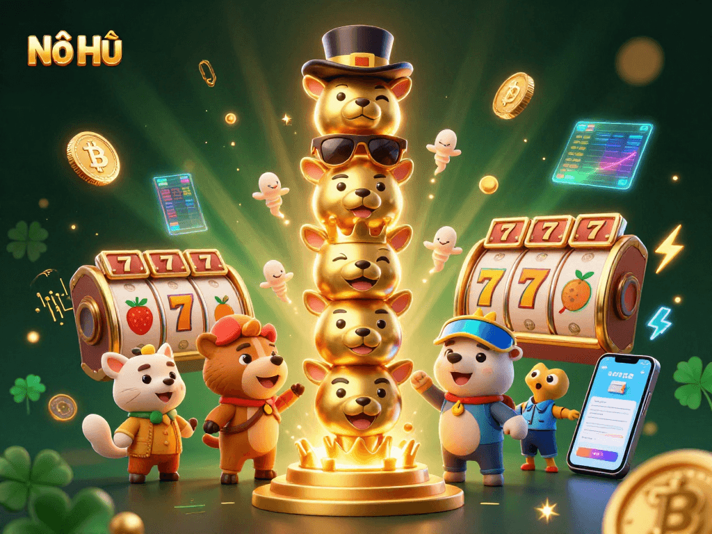 Nổ Hũ slot reels spin with a vibrant totem pole in this dynamic casino illustration.