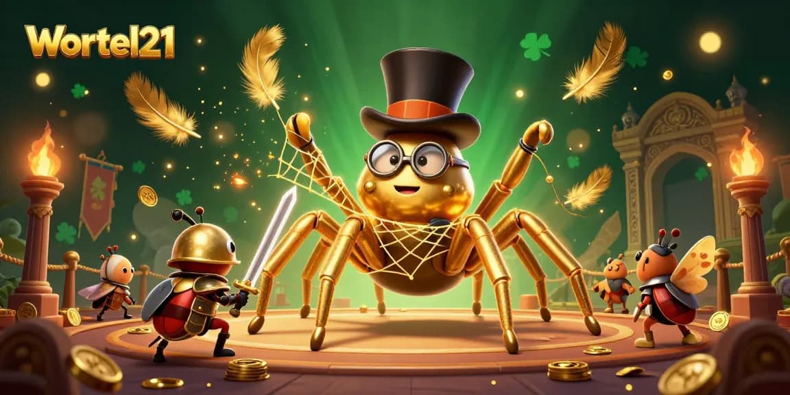 Spin to win at Wortel21 with a giant golden tarantula weaving a web of casino luck.