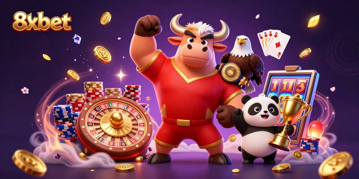 Win big at 8xbet with a three-character celebration scene filled with casino elements.