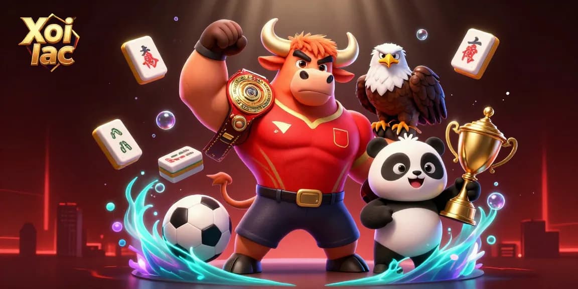 Xoi lac sports betting experience with bull mascot, eagle, and panda celebrating victory.