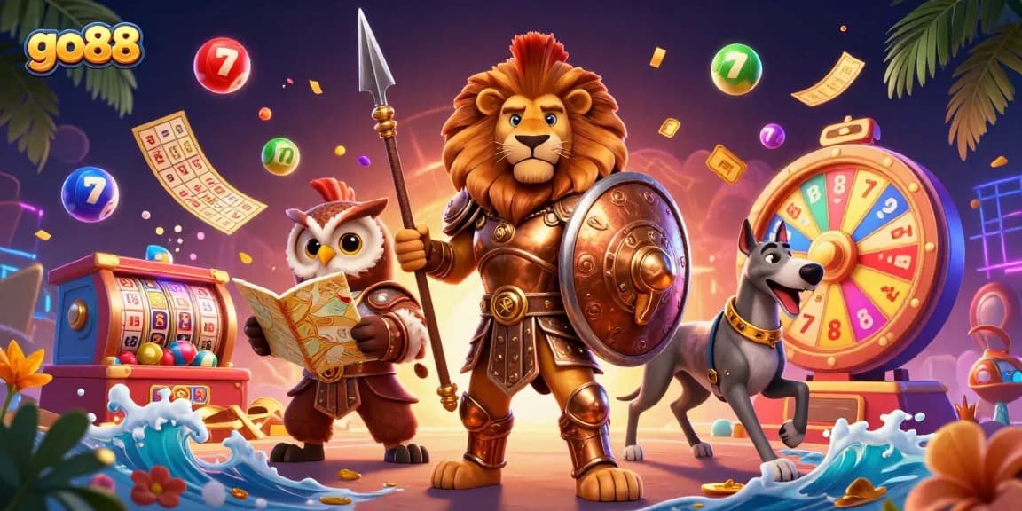 Join the adventure at go88 with a vibrant, detailed illustration of casino excitement and adventure.