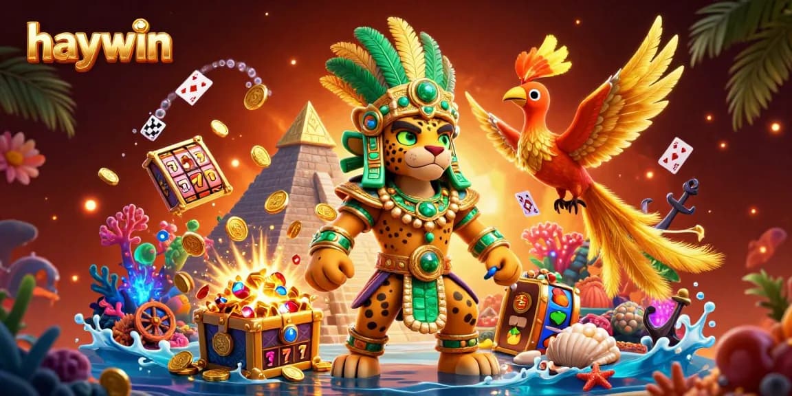 Experience excitement at Haywin with a 3D cartoon illustration of a jaguar priest and casino elements.