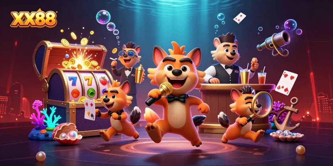 Watch hyenas command the stage at XX88 with vibrant casino elements in a lively 3D illustration.