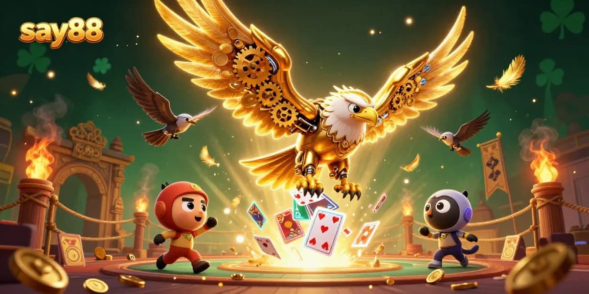 Experience thrilling moments at say88 with a cybernetic eagle amidst vibrant gaming elements.