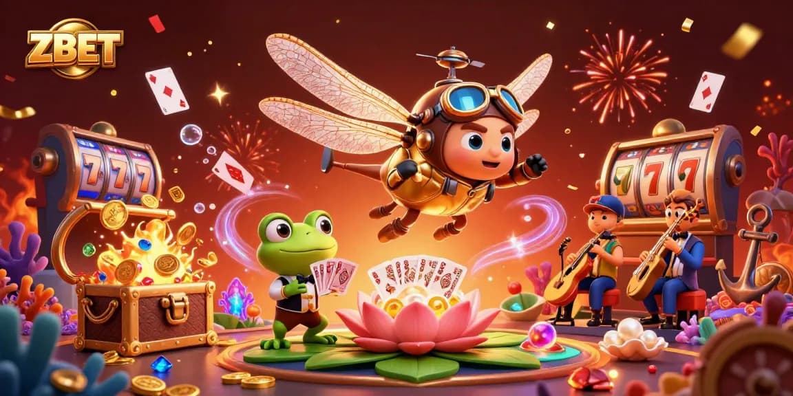 ZBET casinos spark excitement with a dragonfly pilot, frog dealer, and jazz musicians in a vibrant scene.