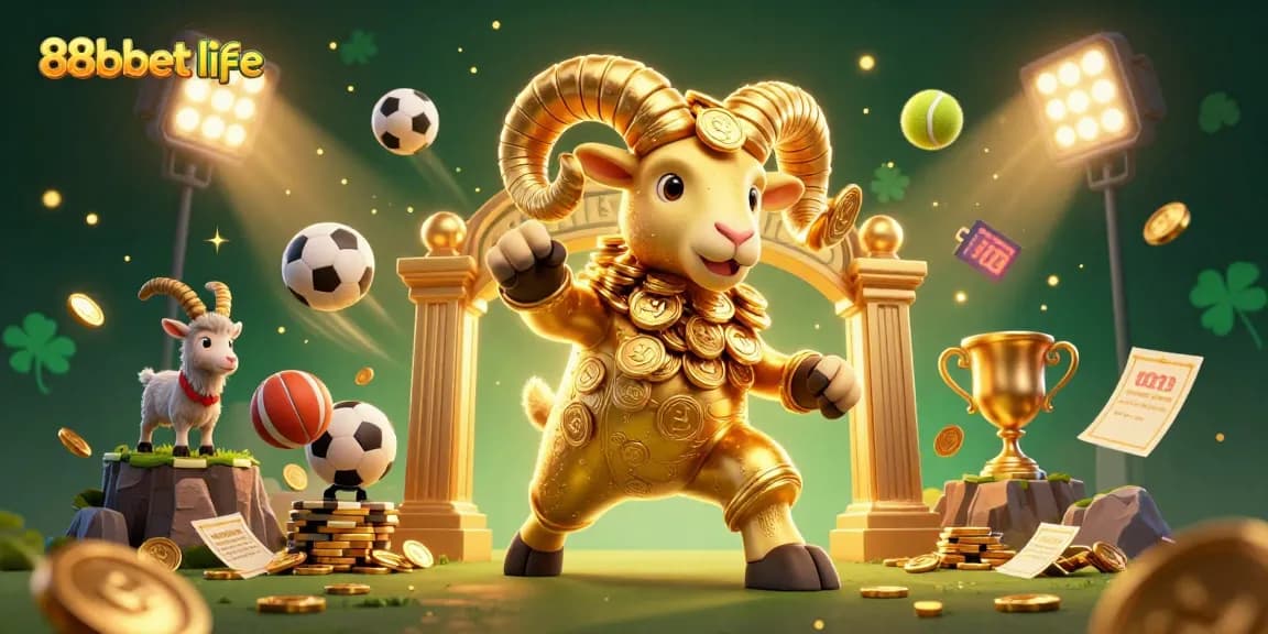 Bettors engage in thrilling action at 88bbet life with a golden ram charging through sports elements.