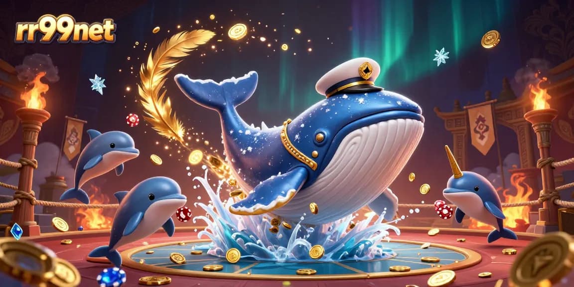 Experience the thrill of rr99net with a dynamic 3D casino scene featuring playful cetaceans and vibrant game elements.