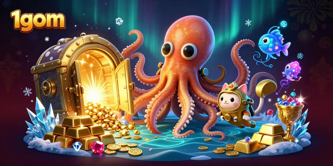 Experience thrilling gameplay with 1gom as a colossal kraken guards treasures in a vibrant casino scene.
