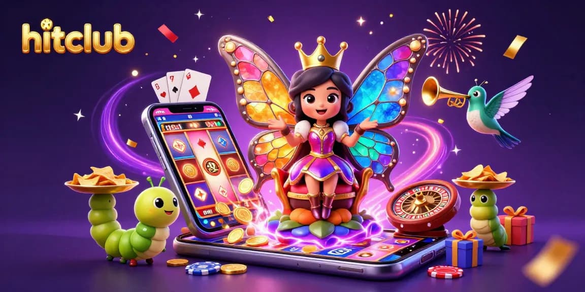 Hitclub's vibrant 3D scene showcases a glamorous butterfly queen with colorful gaming elements, celebrating a joyful slots win.