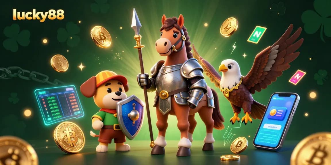 Experience thrilling games at lucky88 with a knight, squire, and falcon amidst glowing crypto coins.