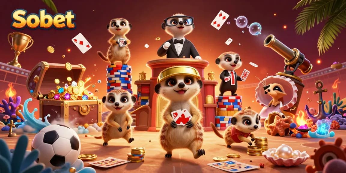 Engage with Sbobet's thrilling sports betting experience highlighted by animated meerkats in a vibrant casino.