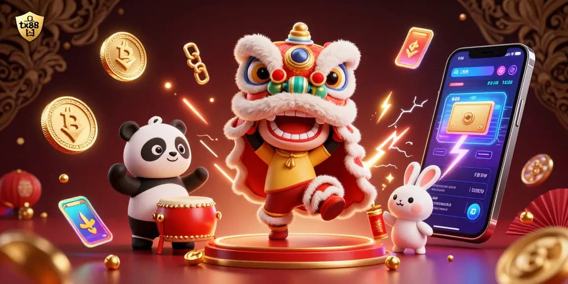 Experience the lively tx88 gaming scene with a vibrant lion dance and crypto elements.