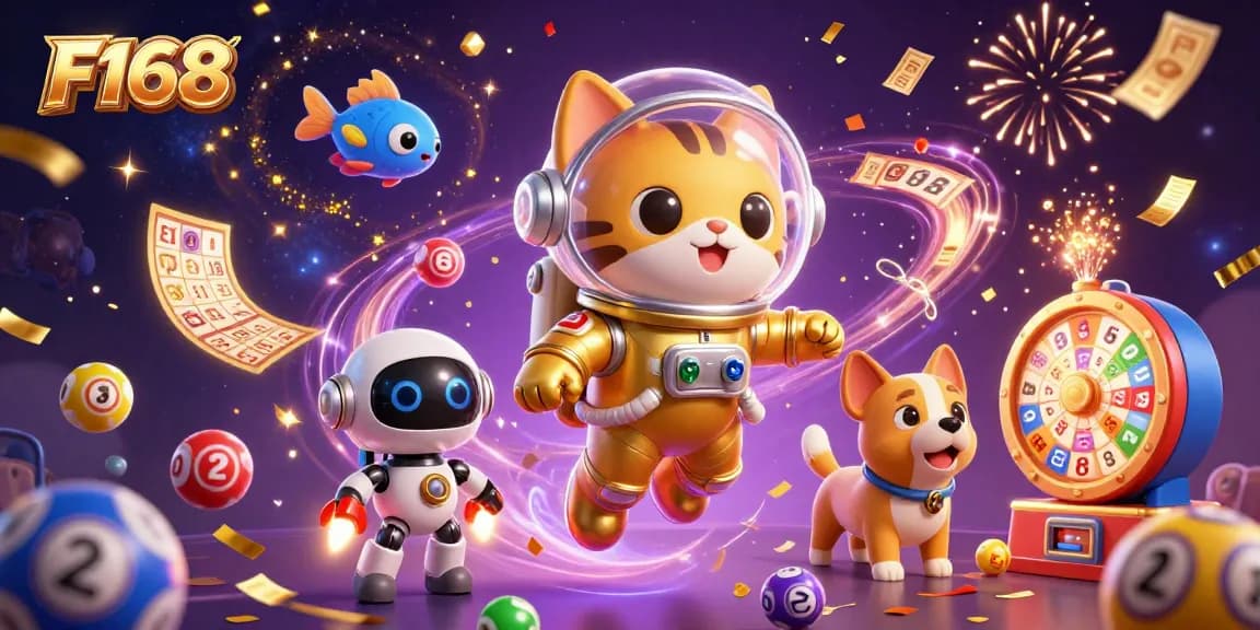 Experience the excitement of F168 with a vibrant casino-themed cosmic illustration full of dynamic game elements.