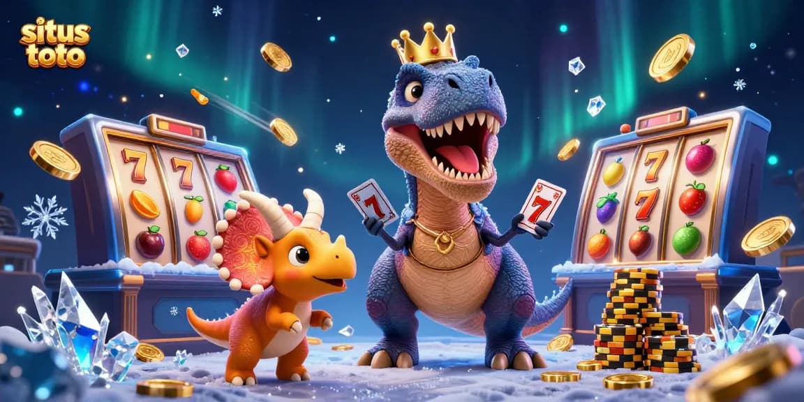 Situs toto showcases a T-Rex and pterodactyl enjoying a colorful slot machine experience.