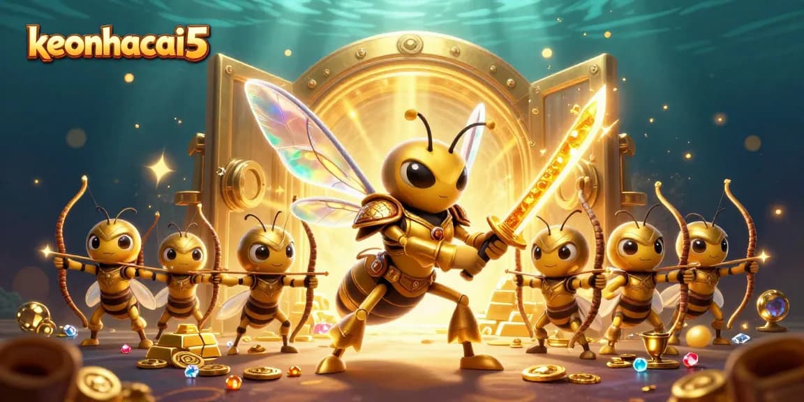 Experience exciting moments with keonhacai5’s vibrant casino scene featuring a golden hornet and treasures.