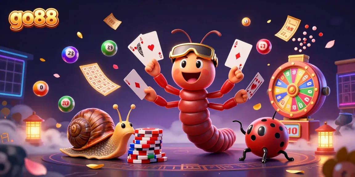 Engage with go88's thrilling casino experience featuring a cartoon dealer, high-roller snail, and excitement elements.