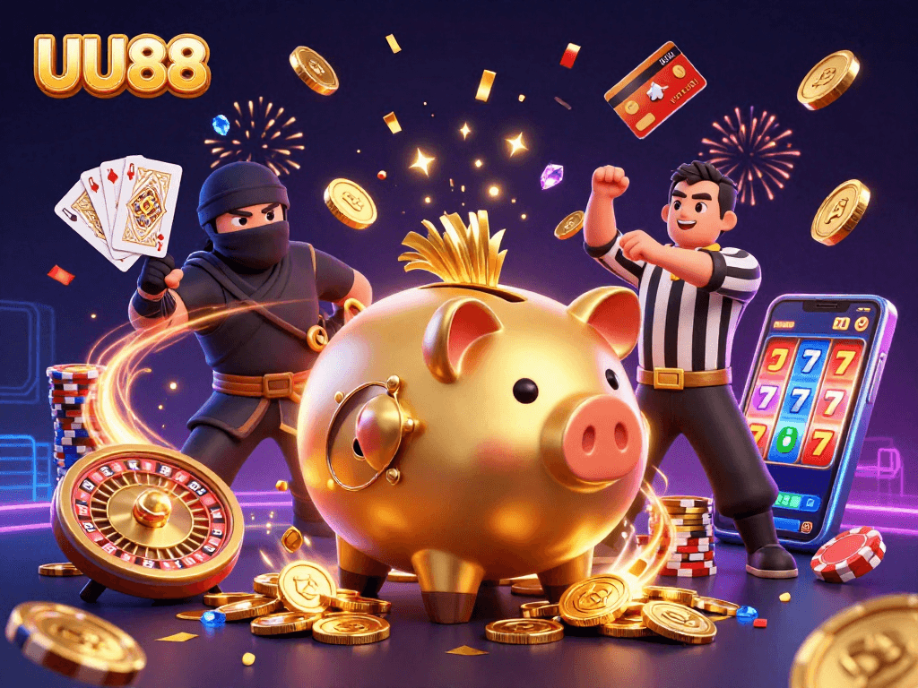 Uplift your gaming experience with UU88's vibrant casino scene featuring dynamic characters and lively game elements.