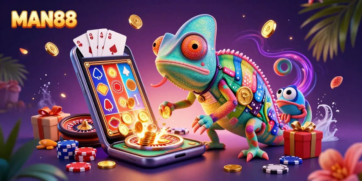 Experience exciting gameplay with MAN88's colorful casino world featuring a chameleon casino owner.