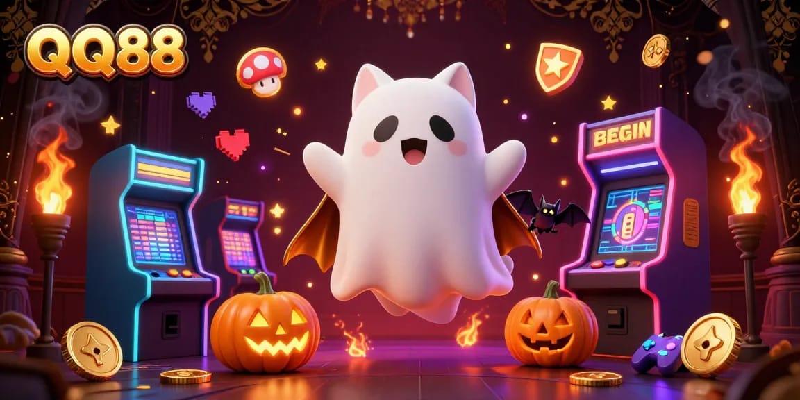 Engage with QQ88's thrilling casino atmosphere featuring a friendly ghost cat and golden-bat adventure.