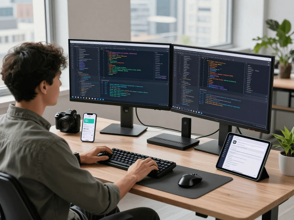 Developer using net88 platform in a modern workspace with multiple screens showcasing code.