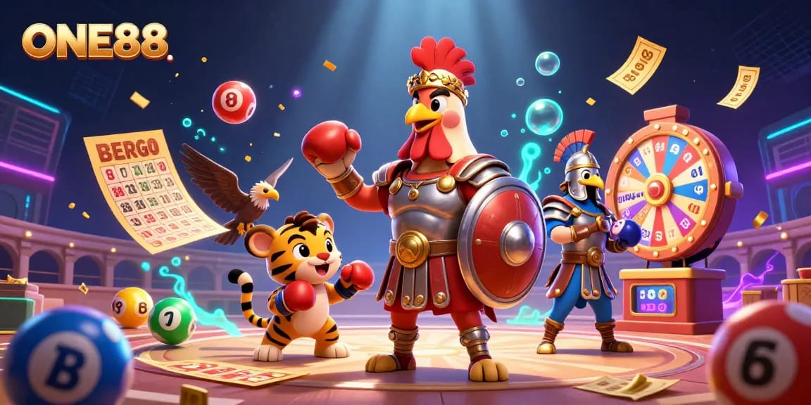 Engage with ONE88's vibrant gambling scene featuring a dynamic rooster mascot and exciting elements.