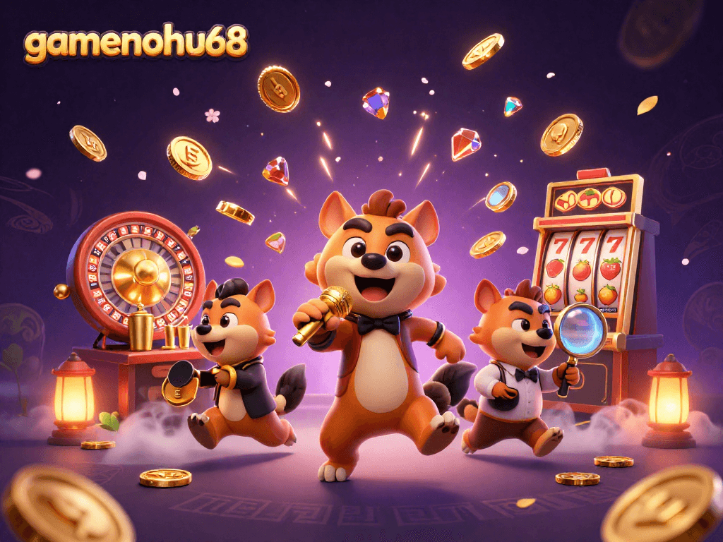 Experience the excitement at gamenohu68 with cartoon hyenas in a vibrant casino scene.