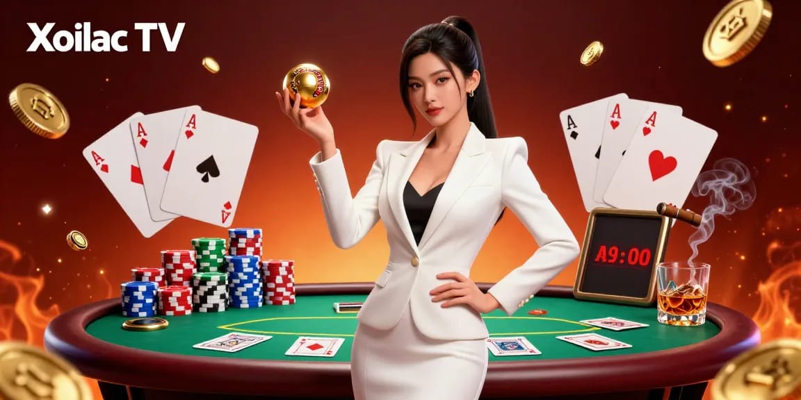 Xoilac TV showcases an elegant Asian woman poised with a roulette ball amid vibrant casino elements, emphasizing luxury gaming.