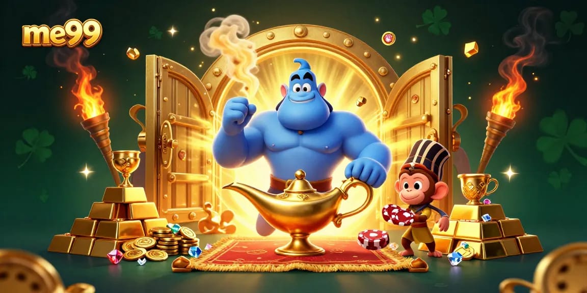 Engage in thrilling online gambling at me99 with a vibrant animated casino scene full of treasures.