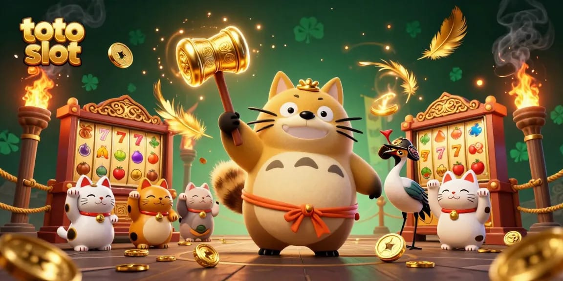 Win with the engaging toto slot game featuring a tanuki and vibrant casino elements.