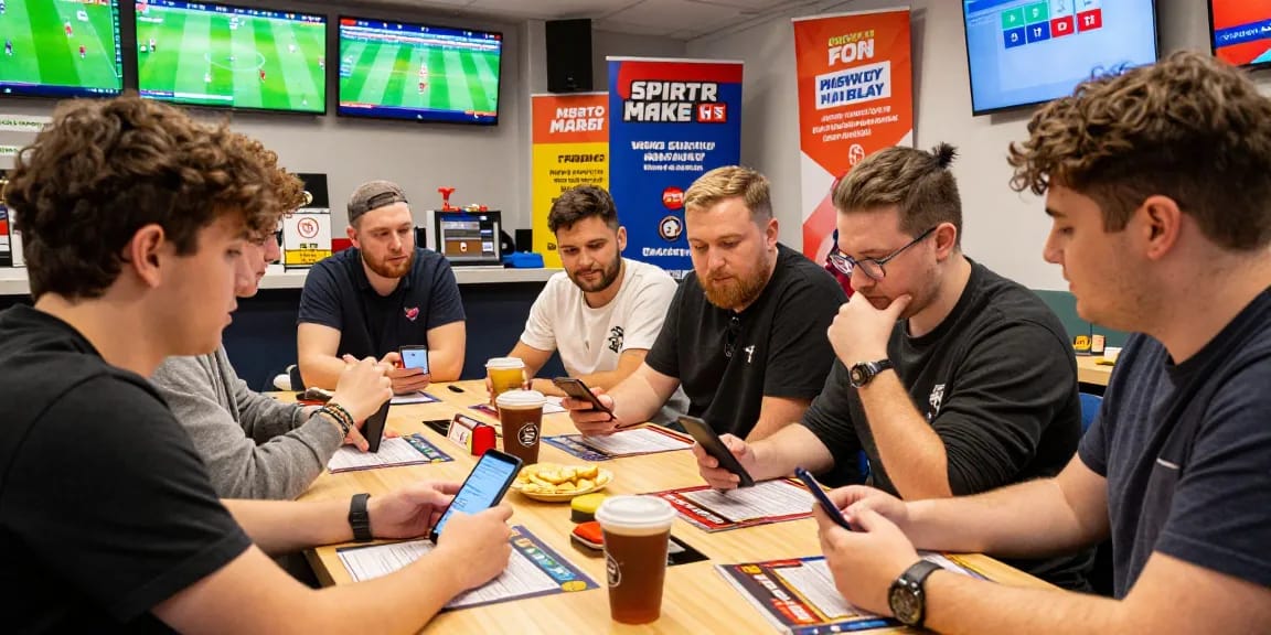 Exciting betting scene at BOLA88 with friends analyzing mix parlay, showcasing Daftar Bola88 activities.