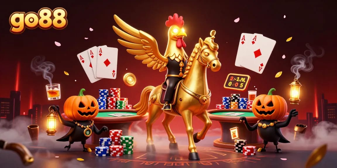 Engage with go88's vibrant casino scene featuring a golden rooster in action.