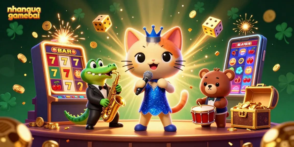 Experience vibrant casino action with nhanquagamebai characters in a thrilling, colorful gaming scene.
