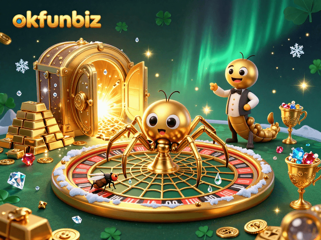 Place bets at okfunbiz with a thrilling 3D casino scene featuring golden spider and lucky web.