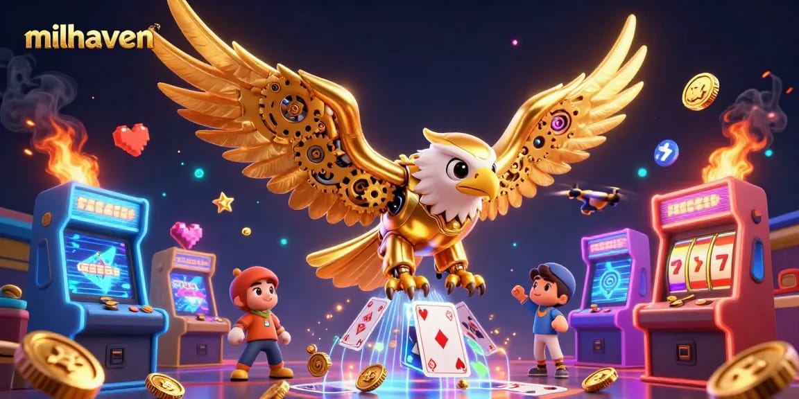 Milhaven's casino experience features a golden eagle diving among holographic cards and vibrant gaming elements.